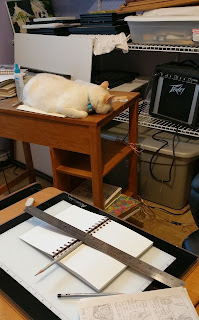 Charlie Cat napping in the studio while I work on the graphic novel.