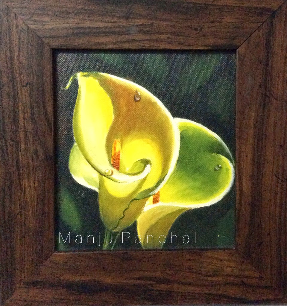 acrylic painting of flower with waterdrop by manju panchal