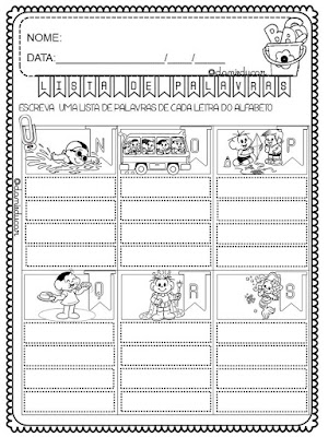 Atividades de alfabetização - lista de palavras 