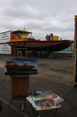 plein air oil painting of the 'Poolya' work boat at Glebe Island by artist Jane Bennett