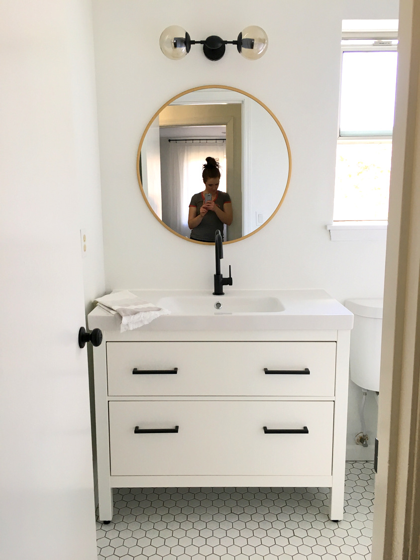 Two Bathroom Renos In Four Days Complete And Art Hanging Success Really Proud Of This Ikea Hack Also That Faucet Heart Eyes It Is Fancy Name Brand Delta But I Got As A Return So Was Less Than 100