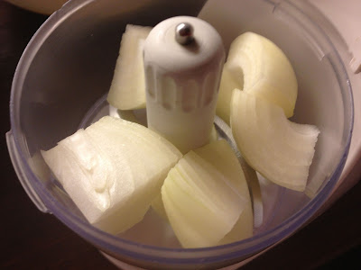 onion pieces in a mini chopper