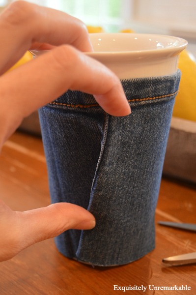 Denim Cup Cozy Moving denim fabric into place for pins