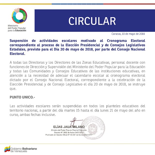 IMPORTANTE | El MPPEDUCACION informa suspensión de actividades escolares para cumplir el cronograma electoral correspondiente a la elección presidencial del #20May (+CIRCULAR) IMPORTANTE | El MPPEDUCACION informa suspensión de actividades escolares para cumplir el cronograma electoral correspondiente a la elección presidencial del #20May (+CIRCULAR)