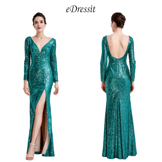 green sequins long sleeves slit ball gown