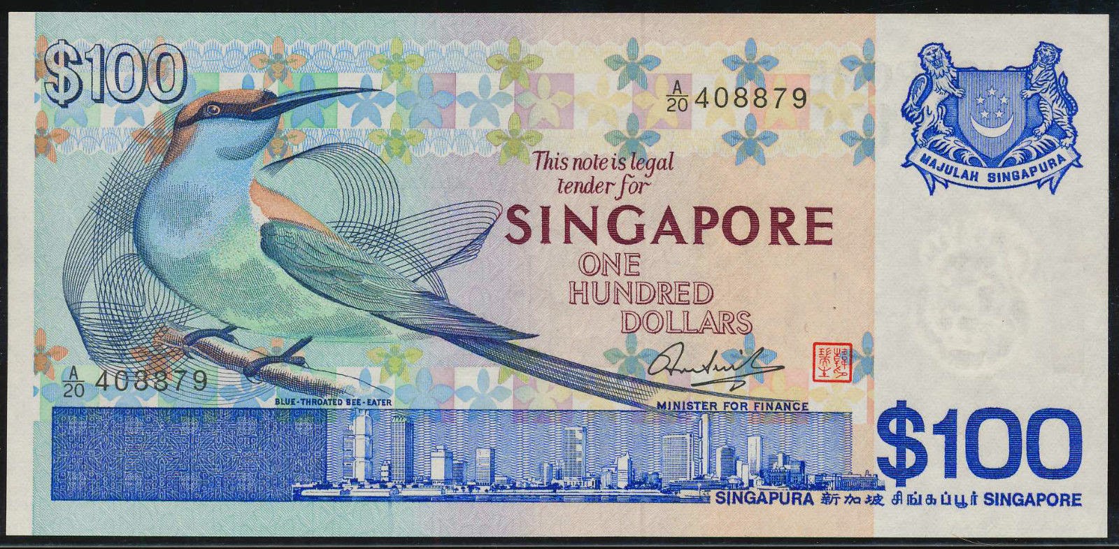 Singapore currency notes 100 Dollars banknote Bird Series