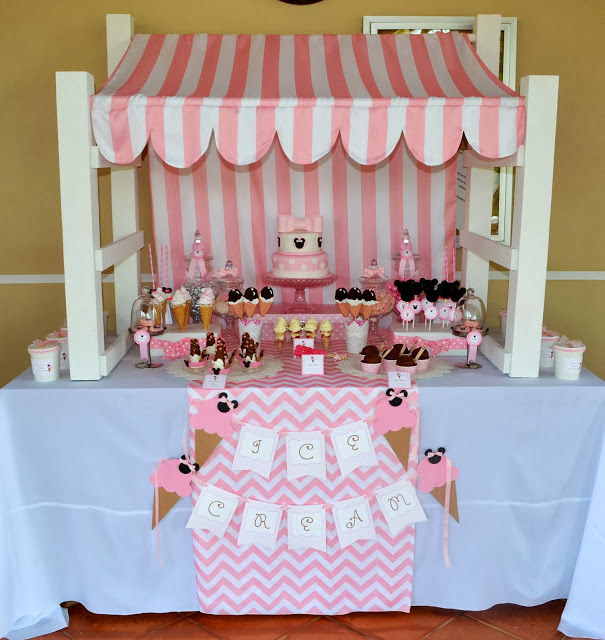 pink stripes canopy over dessert table