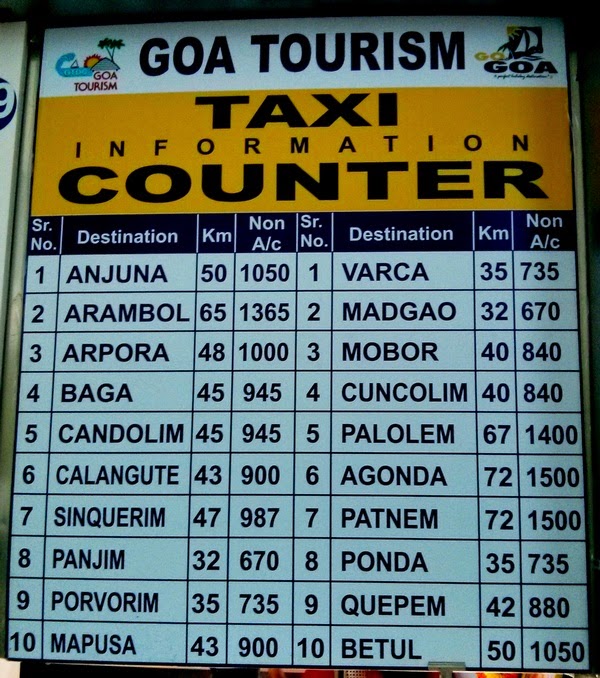 Goa Taxi Fare Chart