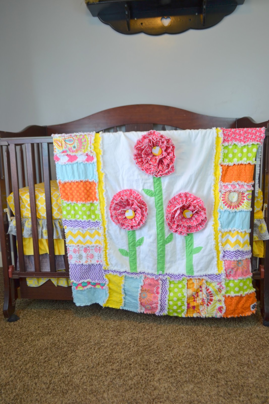 Ruffle Flower Rag Quilt for a Toddler Bed or Crib Quilt in Hot Pink