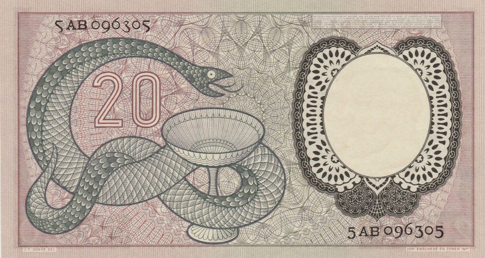 Netherlands Banknotes 20 Gulden Banknote 1955 Bowl of Hygieia
