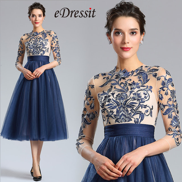  Blue Sleeves Embroidery Beaded Cocktail Evening Gown