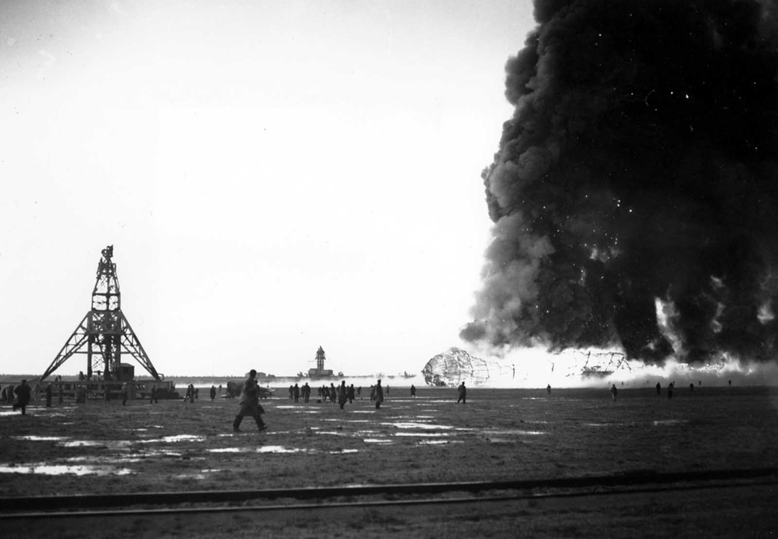 The wreckage of the Hindenburg in Lakehurst, New Jersey, on May 6, 1937.