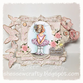 Pink Vintage shaped card using Mo's Digital Pencil Lil Ballerina, paper flowers Maja Design papers and Prima embellishments