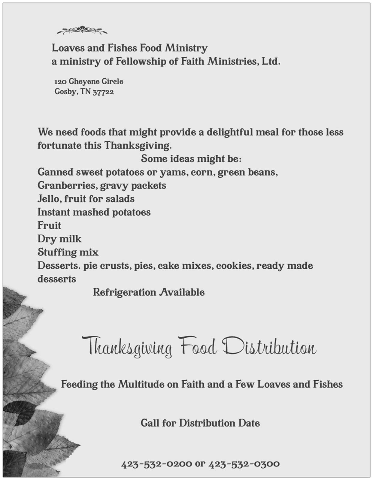 LOAVES AND FISHES FOOD MINISTRY Thanksgiving Food Distribution Flyer