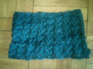 A blue-green lace cowl laying flat.  It is knit in fingering-weight.