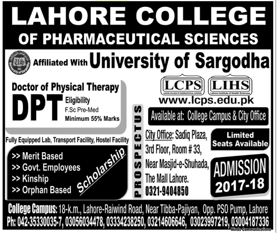 Admissions in Lahore College of Pharmaceutical Sciences Lahore Doctor of Physical Therapy 2018