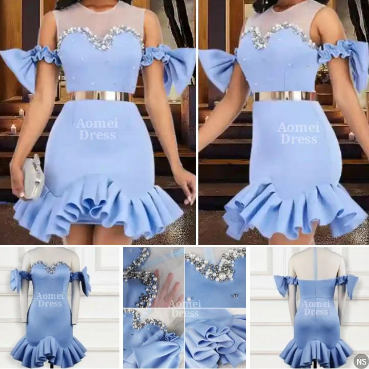 Aomei Fashion: Ladies Bodycon Dinner Dress with O-Neck Mesh Shoulder, Front Beads, Bowtie Sleeves, Hem Pleats..