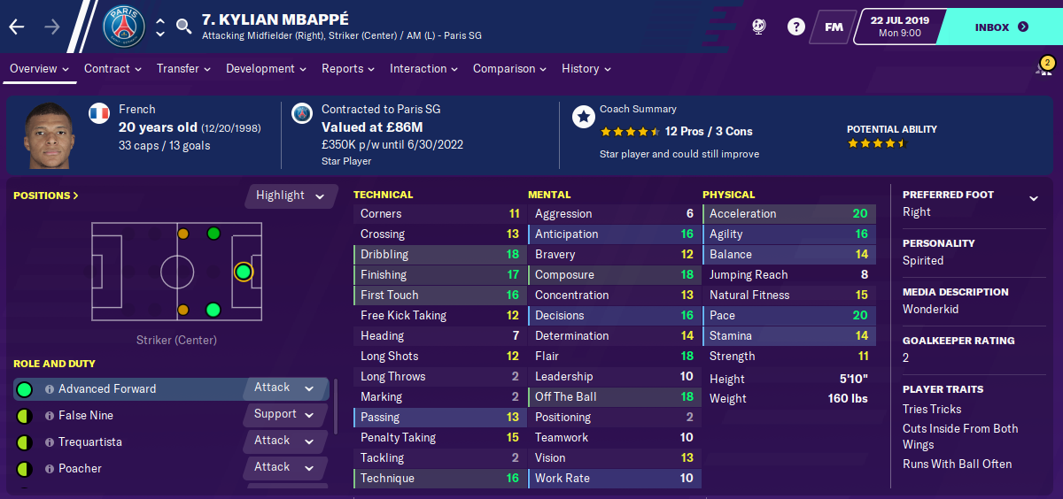 Kylian Mbappe: Starting Attributes in FM2020