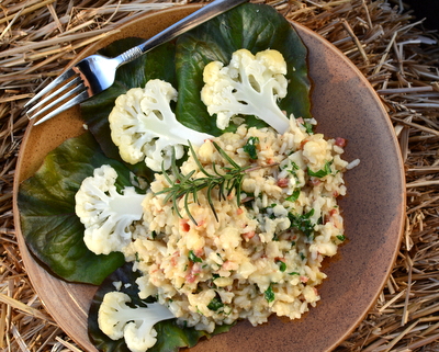 Cauliflower Risotto ♥ KitchenParade.com, an easy risotto with cauliflower, bacon, fresh herbs, Parmesan cheese.