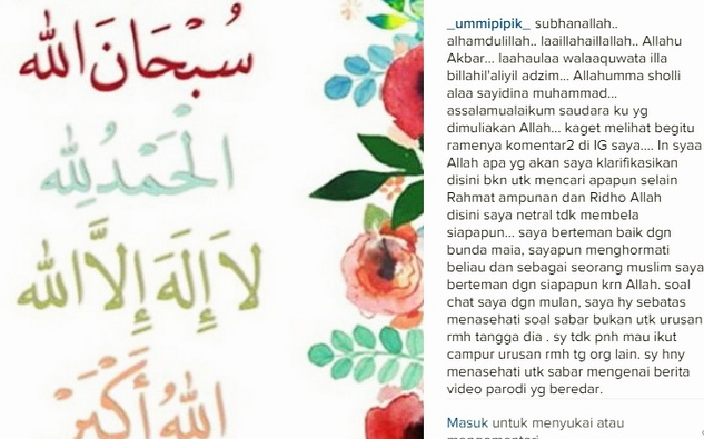 Diserang Haters Mulan Jameela, Begini Klarifikasi dari Ummi Pipik
