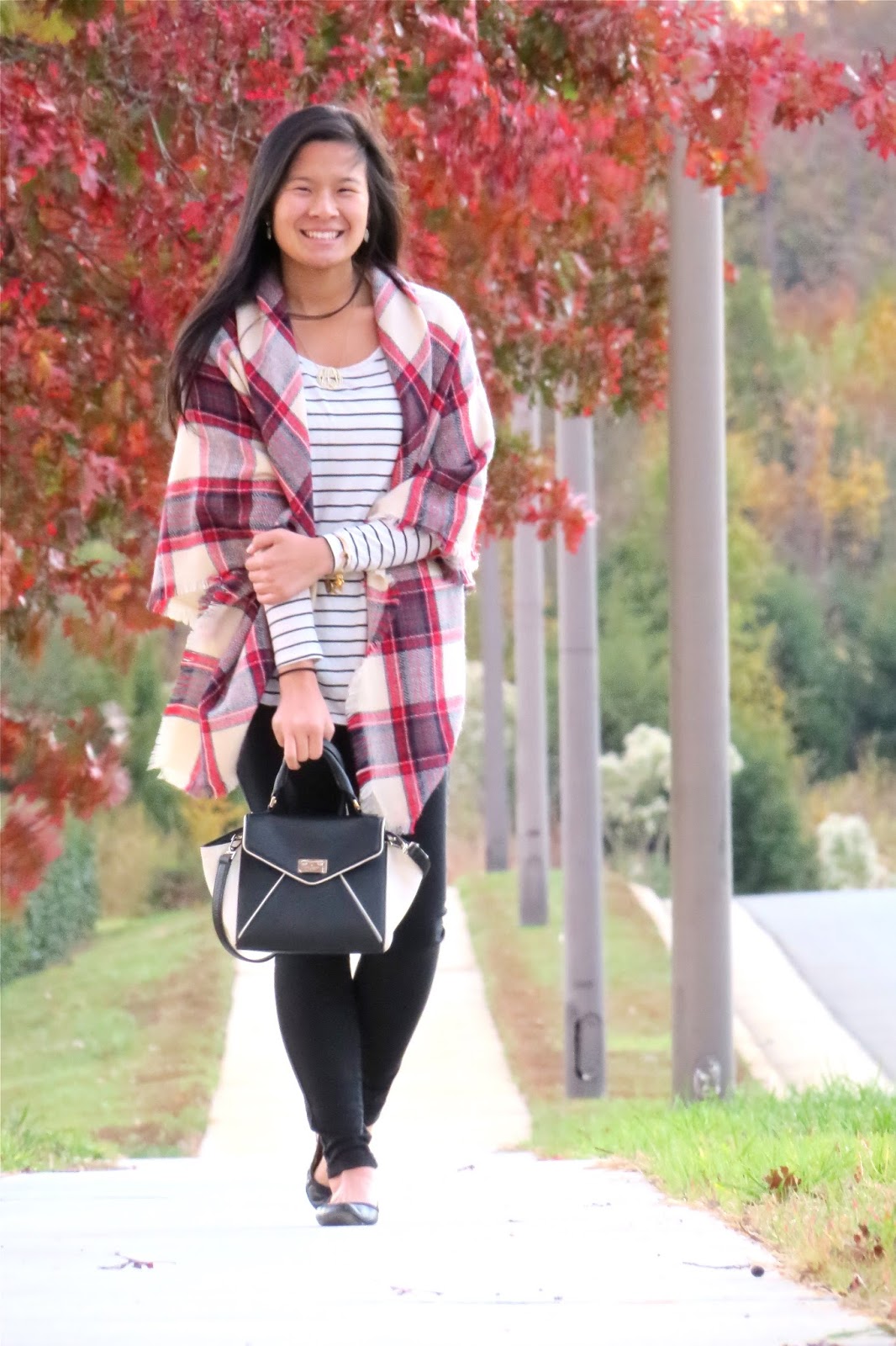 Three Outfits With a Black Plaid Blanket Scarf for Fall