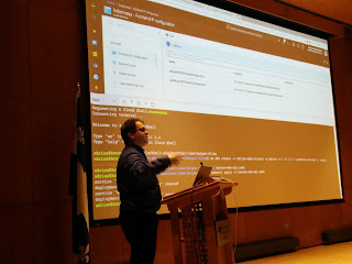 Picture of Adrian on the stage doing a demo of AKS from within the Azure Cloud Shell.