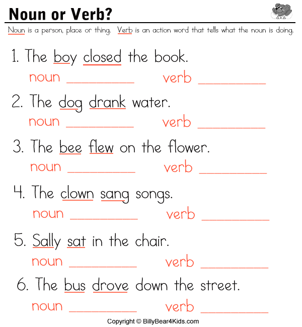 Grade 1 Sample Worksheets On Nouns Verbs And Adjectives