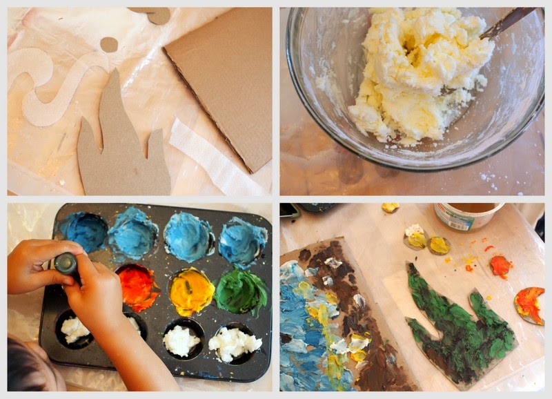 Make homemade finger paint using 3 ingredients.  Then, use them to paint Van Gogh's Starry Night with your preschooler.  Great Collaborative art project.