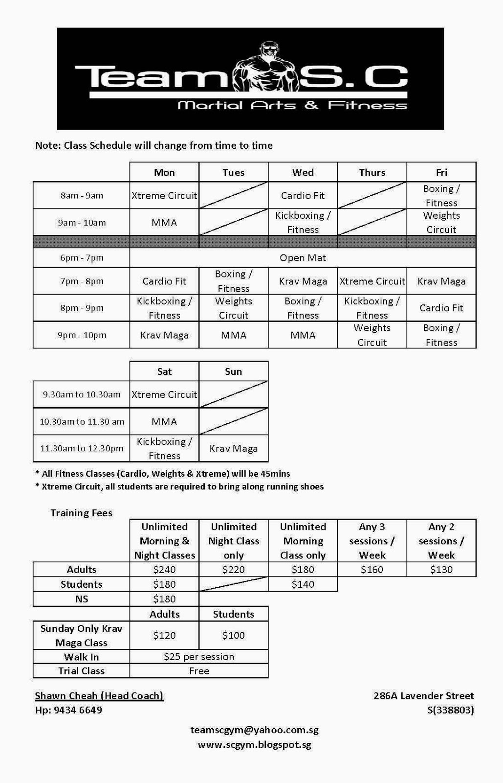 Team S.C (Fitness and Martial Arts) Team SC training schedule and gym fees