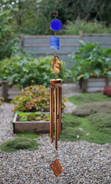 Cobalt blue glass and oyster shell large outdoor wind chime by Coast Chimes