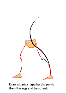 Next, draw legs and hips relative to the gesture line.