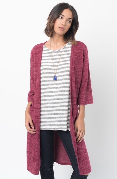 Shop for 3/4 Sleeves Burgundy Front Pockets Maxi Cardigan Online - $30 - on caralase.com