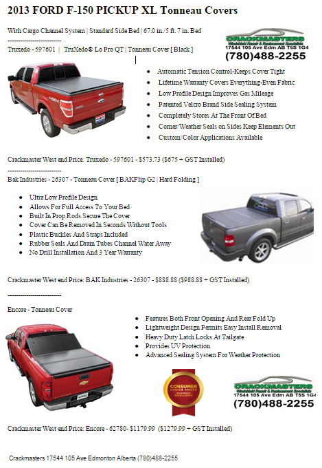 2013 FORD F-150 PICKUP XL Tonneau Covers - Windshield Edmonton