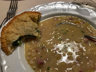 Dining at Maso Runch. Panicia - barley soup with speck.