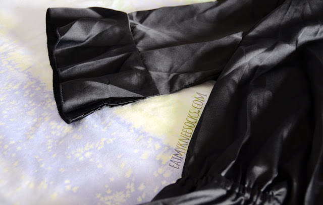 Romwe Fashion Review: Rompers x Silk Black ruffled silky satin v-neck plunging wrap front romper from Romwe, with a matching choker that can also be worn as a belt.