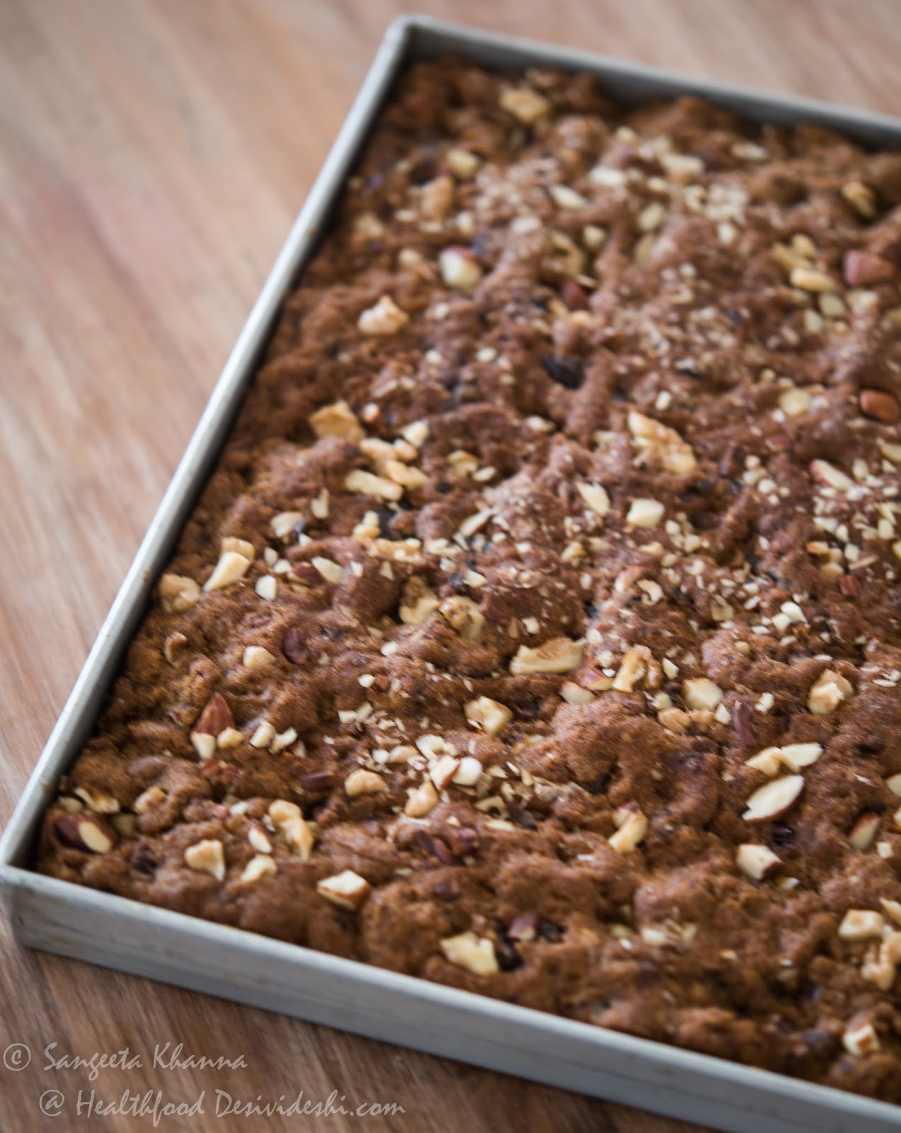 wholewheat date walnut tray bake (no sugar added), a rich mildly spiced