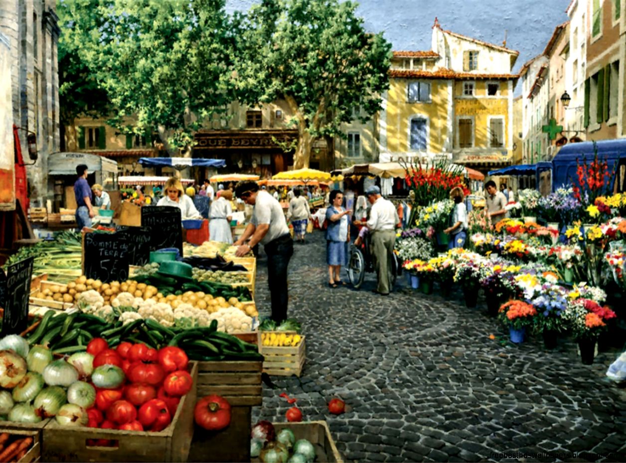 Other Farmers Market Wide Screen Cityscape Scenery Painting Art