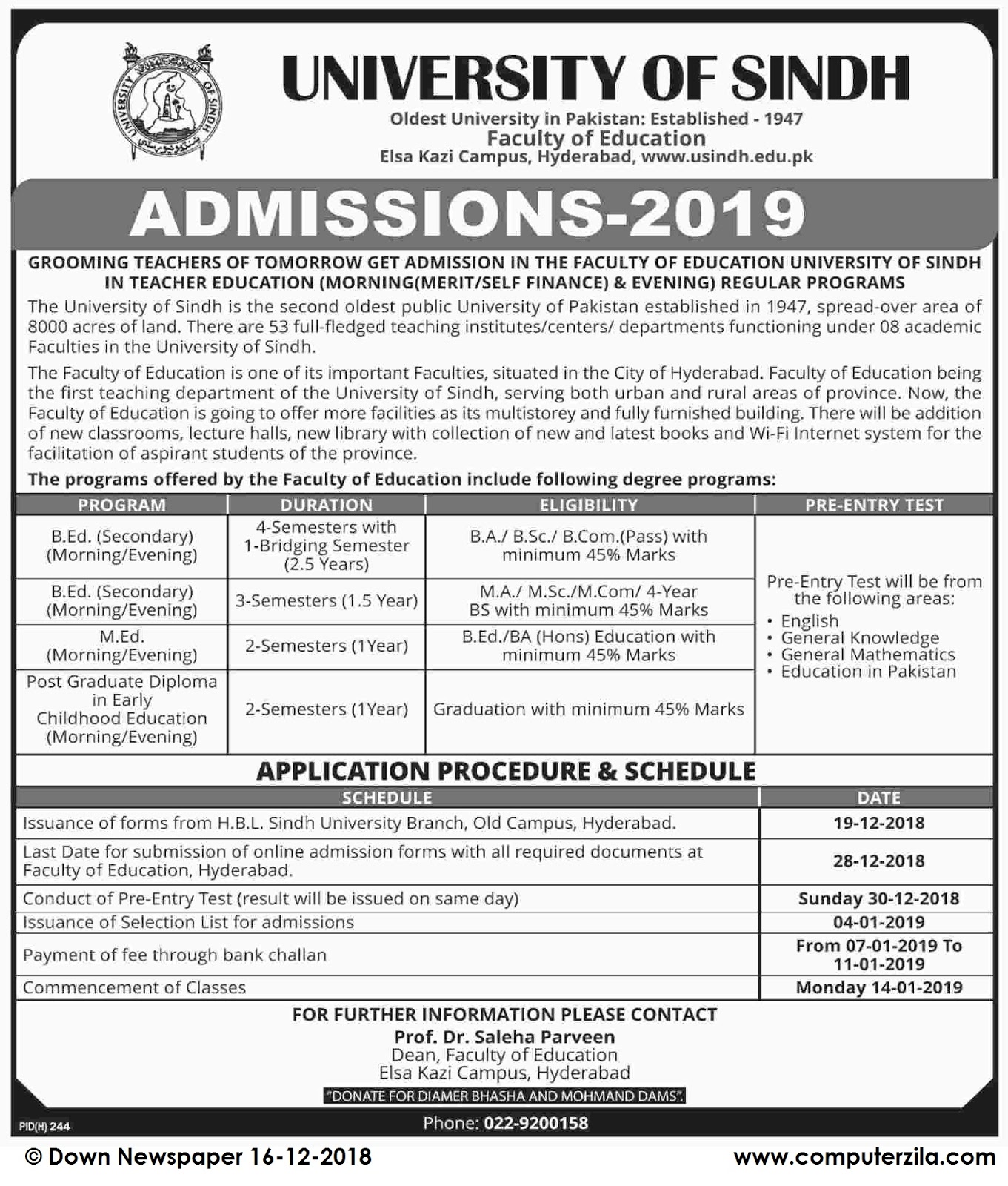 Admissions Open For Spring 2019 At USINDH Hyderabad Campus