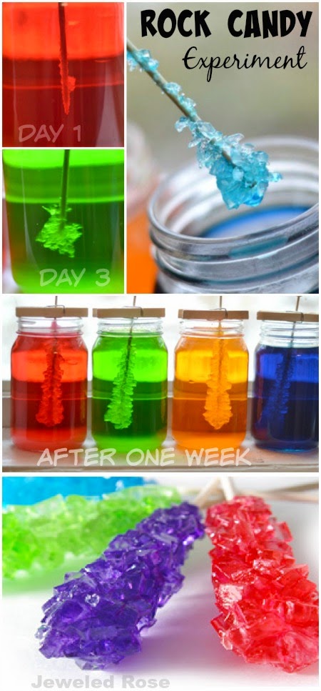 ROCK CANDY EXPERIMENT: A beautiful Science experiment & a yummy treat all in one. My kids loved checking on their jars each day to see if the rock candy had grown!