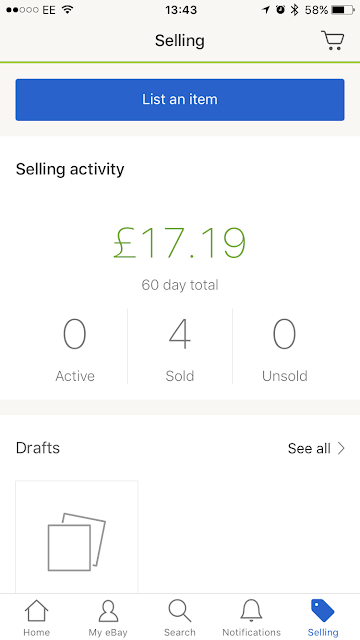 How easy is it to sell on the eBay app? Well as this screenshot shows I sold 4 items for a total value of £17.19