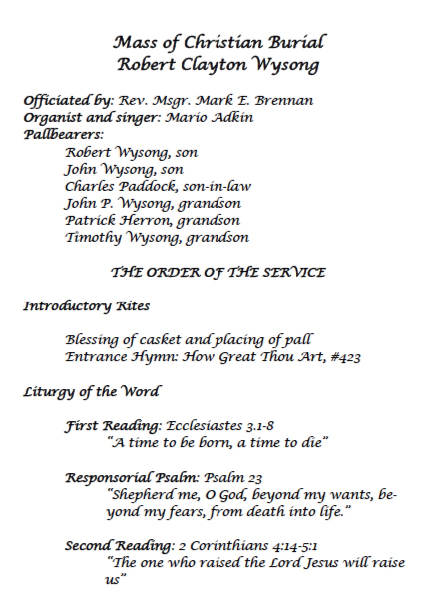 THE WYSONG FAMILY BLOG Obituary, Funeral Mass & Eulogy For Robert C