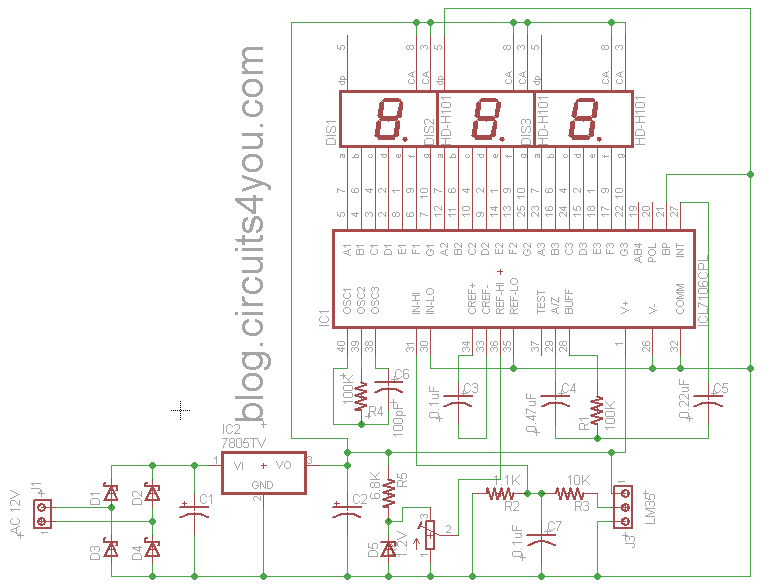 Блок питания с индикатором на icl7107 схема Digital Temperature Indicator Circuit Diagram