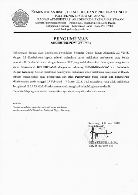 Pengumuman Registrasi 14 Feb 2018