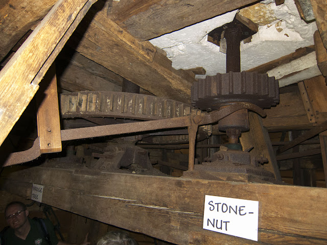 Keston Windmill.  The lever for engaging the gears.  Metal gears against wood, to avoid sparks.  31 August 2012.