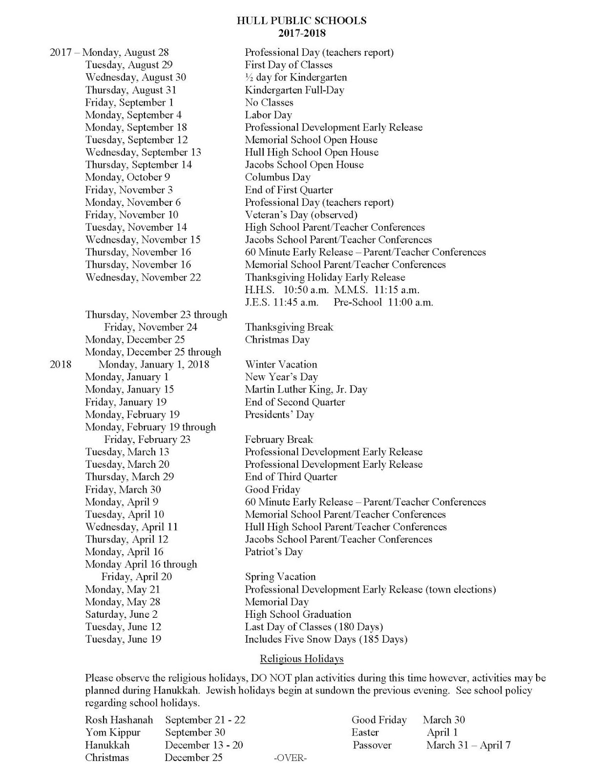 Hull Public Schools Blog 20172018 School Calendar