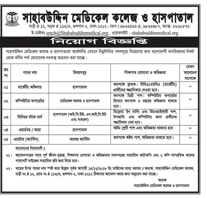 Shahabuddin Medical College Job Circular 2018