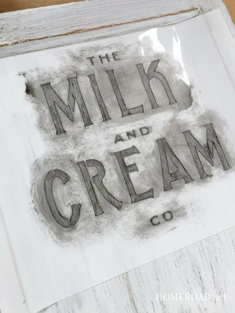 Milk and Cream stencil on white cabinet door