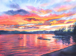 sunset watercolor lake painting loon seconds 11x15 final