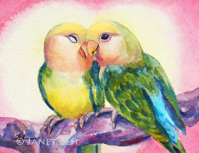 Watercolor painting of two lovebirds on a branch