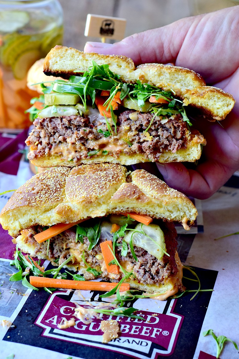 Love the bright flavors of a Bahn Mi sandwich but you're craving a juicy burger? Why not combine the best of both worlds with this crazy, out of this world Bahn Mi Burger? #sandwich #Burger #bahnmi #beef #bbq #grilling #recipe | bobbiskozykitchen.com